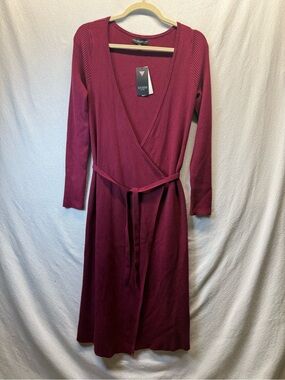 Work Siren Guess Everly Long Slve Wrap Sweater Dress Garnet Wine Midi V Neck
